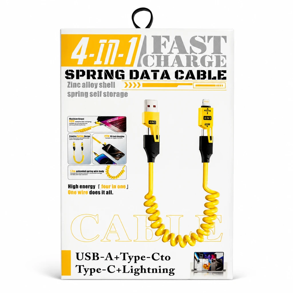 کابل 4 کاره فنری فست شارژ 65 وات مدل S229 تبدیل Type-C و USB به لایتنینگ و Type-C اقساطی