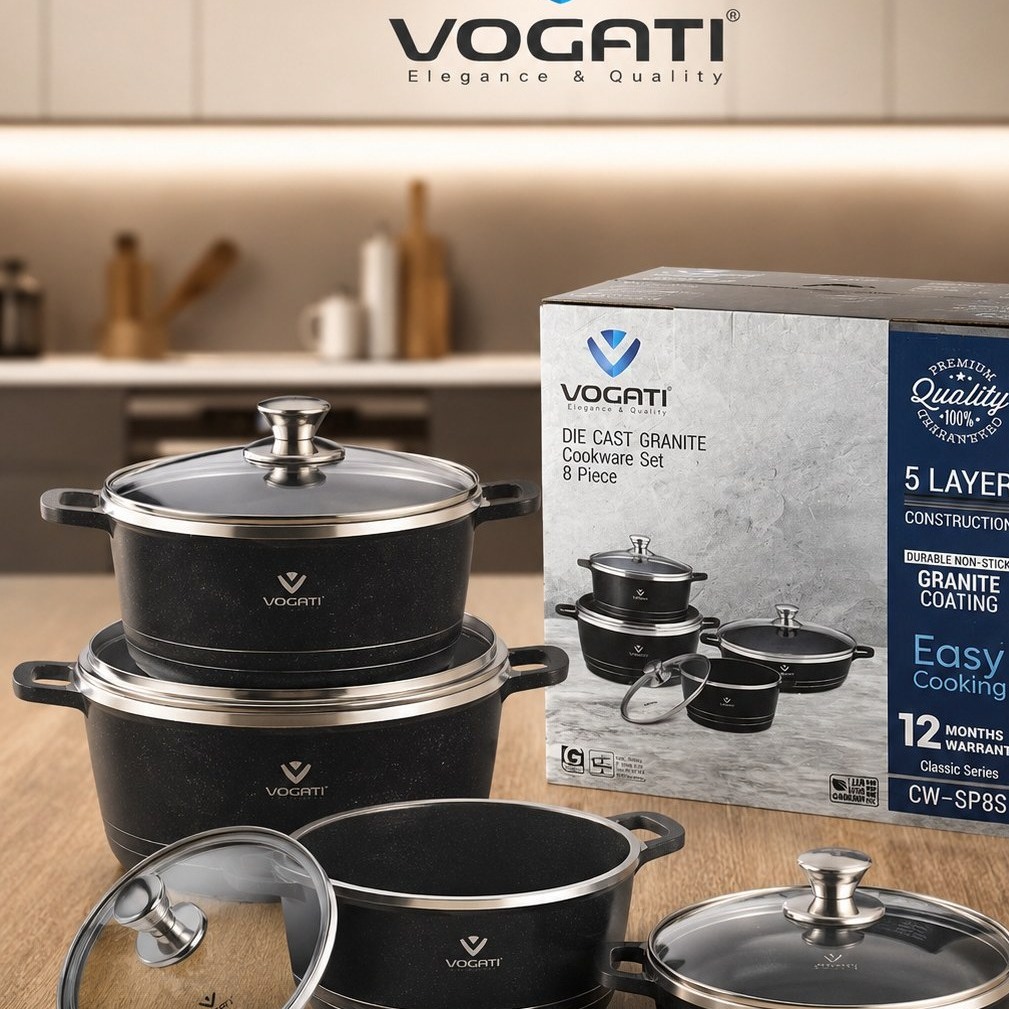 سرویس قابلمه گرانیتی 8 پارچه ووگاتی اصلی(VOGATI) مدل CW-SP8S پوست نچسب 5 لایه