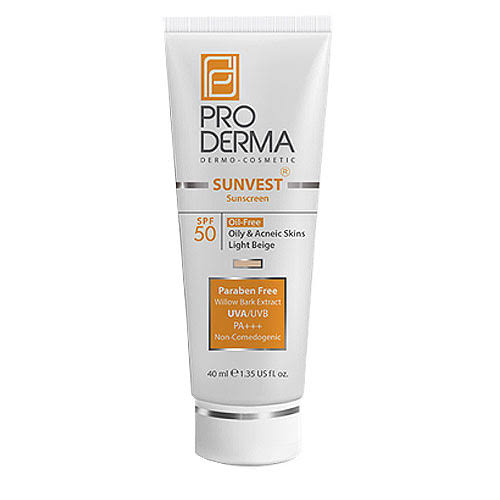 کرم ضد آفتاب رنگی فاقد چربی با SPF50 مناسب پوست های چرب و جوشدار رنگ بژ روشن پرودرما