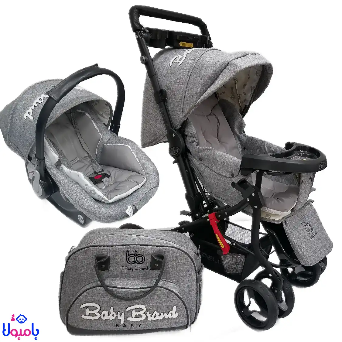 سرویس کالسکه و کریر به همراه کیف مادر baby band طوسی