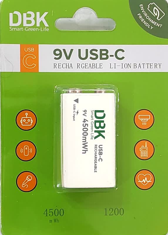 باتری کتابی 9 ولت قابل شارژ 500mAh برند DBK با ورودی Type-C
