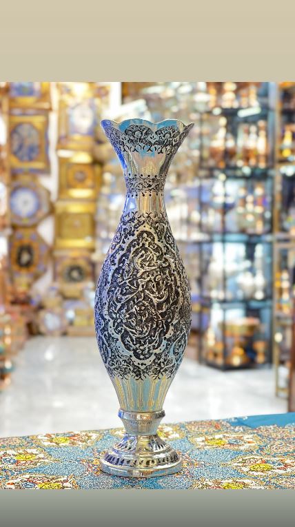 گلدان موشکی گل و مرغ روکش نقره