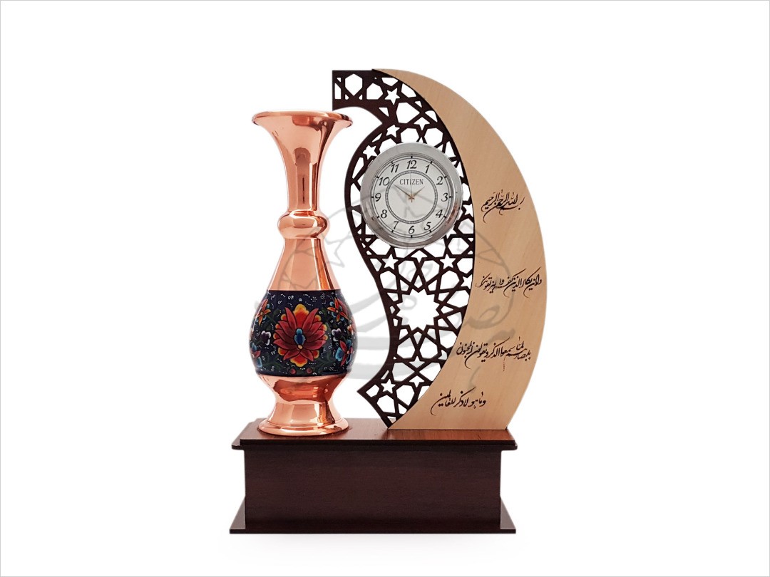 تندیس گلدان مس و پرداز ساعت دار