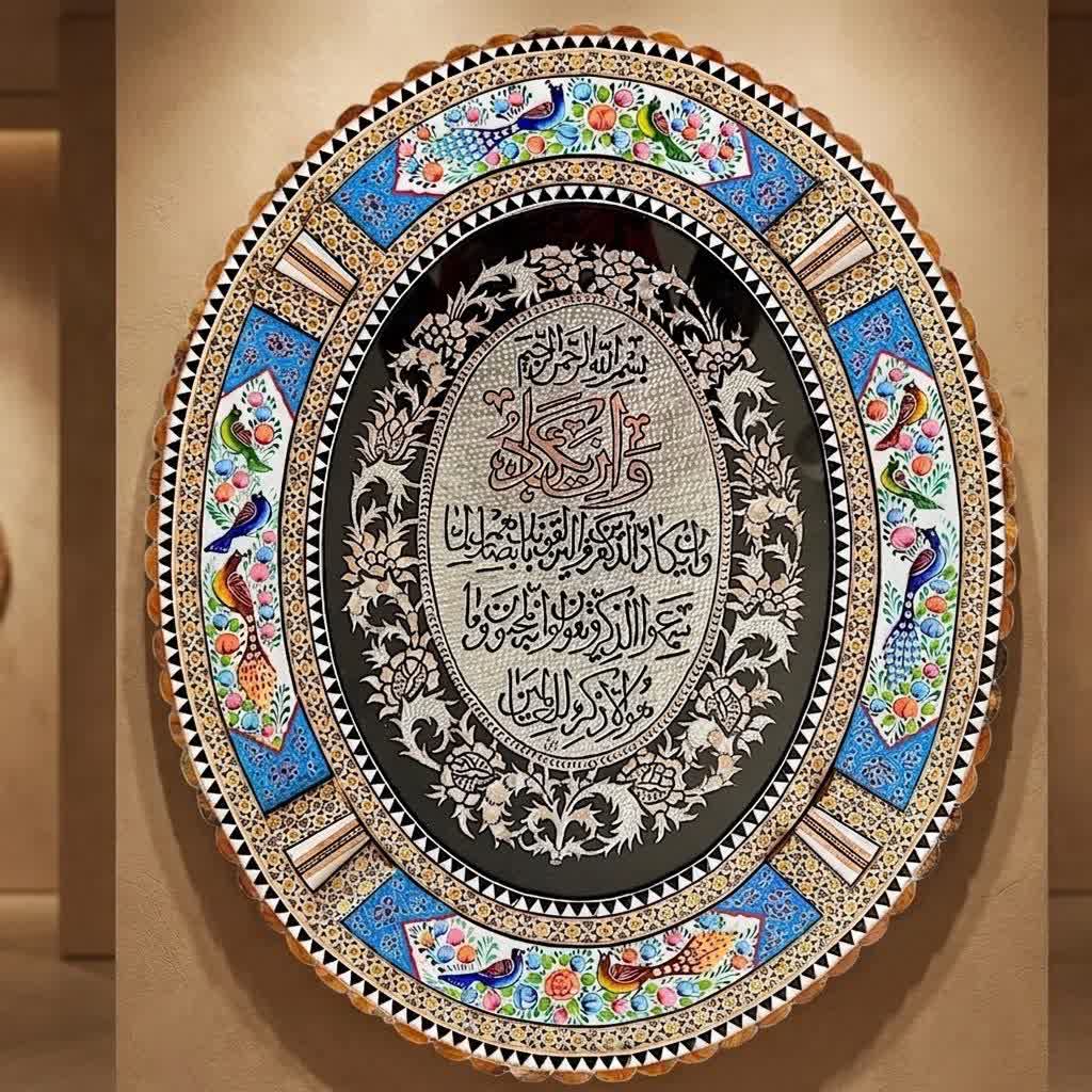 تابلو قلمزنی ان یکاد بیضی با قاب خاتم کاری 50در60