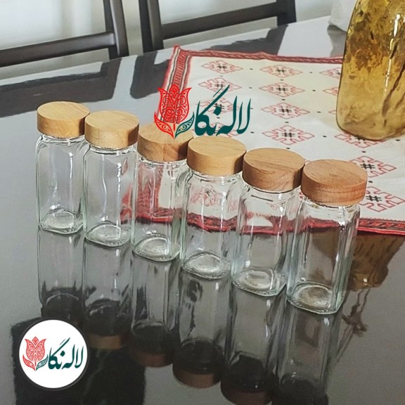 جا ادویه مکارتی 6 عددی درب چوبی - شیشه سایز 12 همراه درب سیلیکونی ادویه پاش - لاله نگار