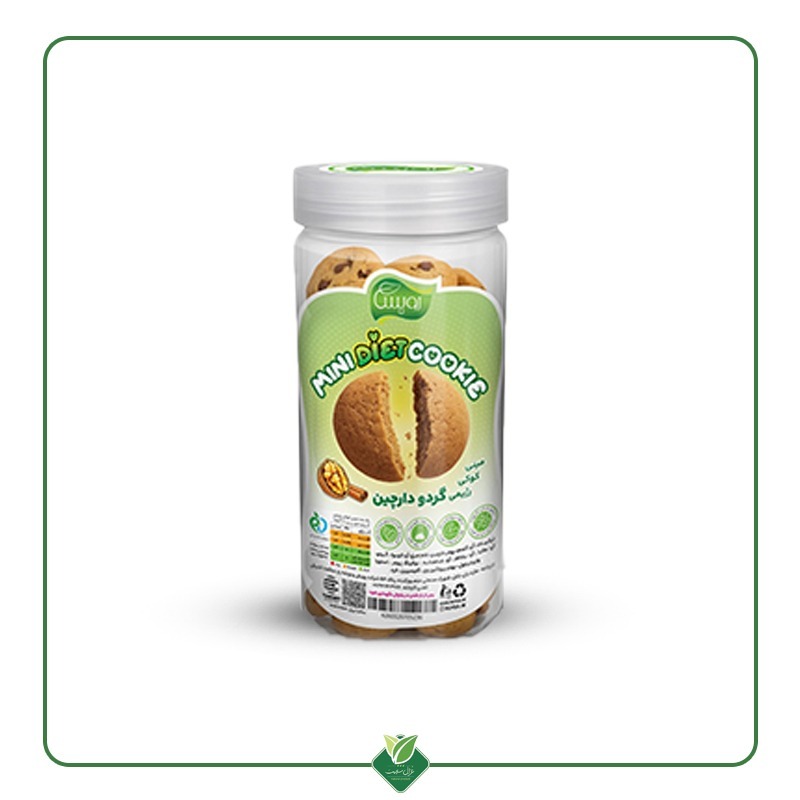 مینی کوکی (بدون شکر) شیرین شده با استویا طعم گردو دارچین برند رویسا 230 گرم