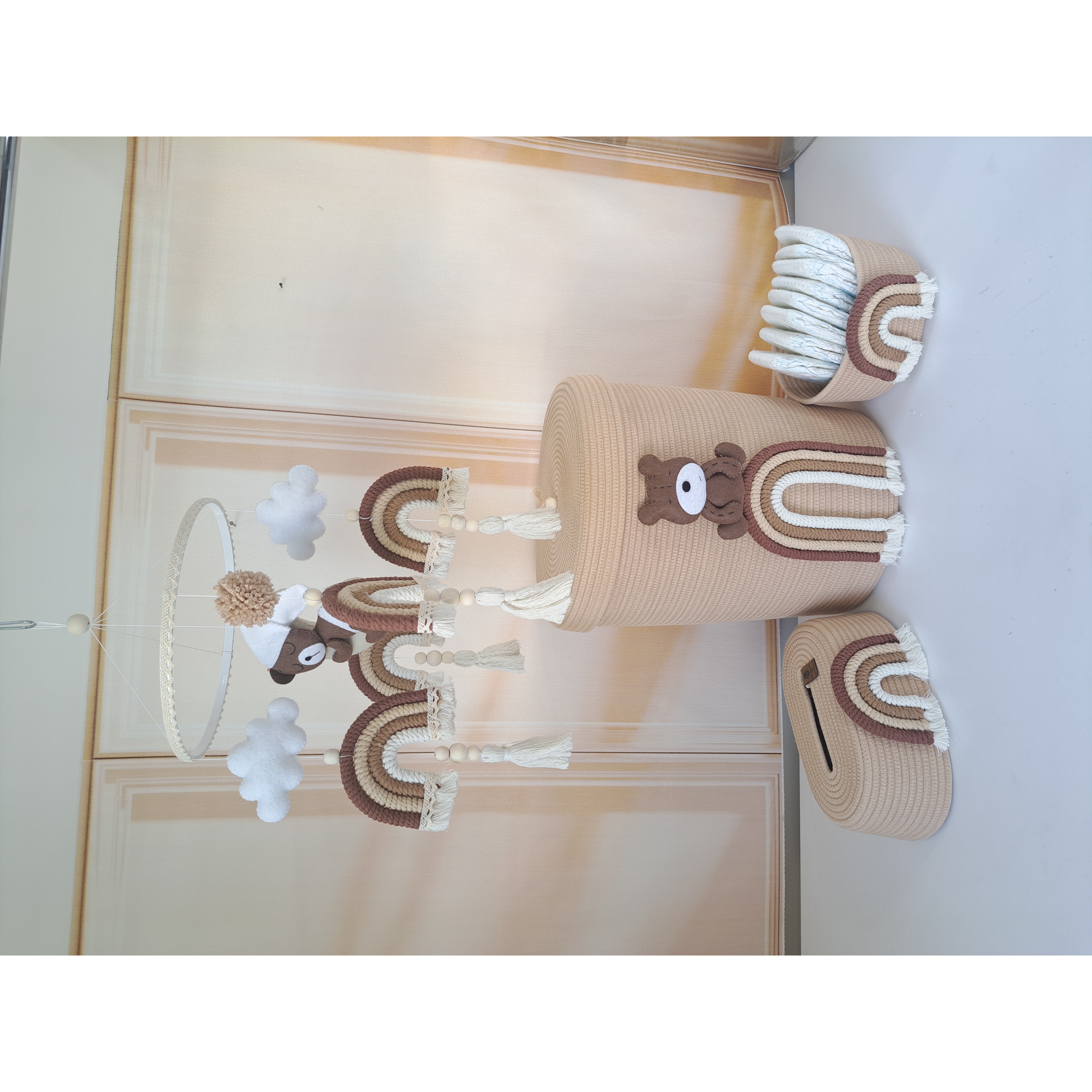 نظم دهنده اتاق کودک و سیسمونی قیطان دوزی طرح خرس و رنگین کمان بدون آویز تخت