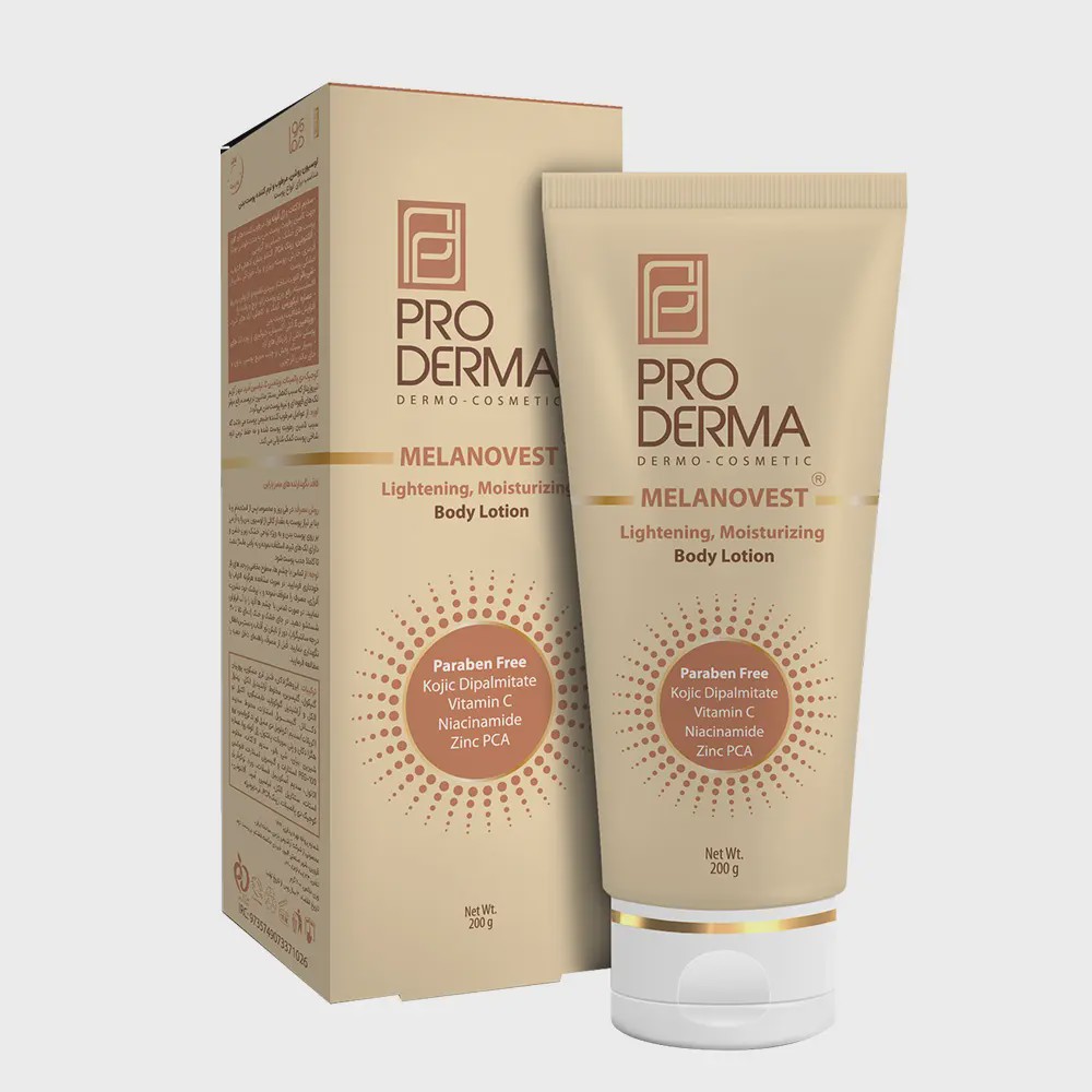 لوسیون نرم، مرطوب و روشن کننده پوست بدن پرودرما Melanovest Lightening Body Lotion Pro Derma