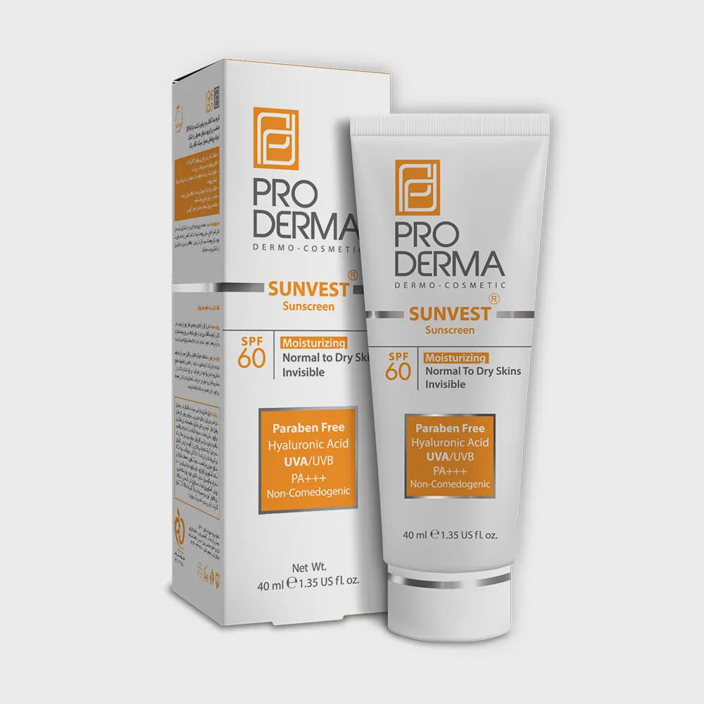 کرم ضد آفتاب و مرطوب کننده پرودرما SPF60 مناسب پوست های معمولی و خشک 40 میلی لیتر Pro derma Sunvest Sunscreen SPF60 M...