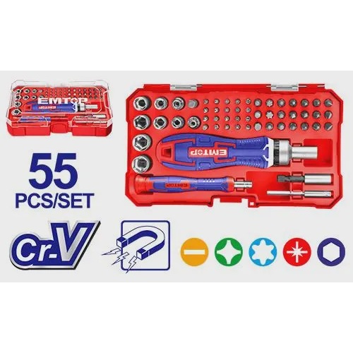 ست 55 عددی سری پیچ گوشتی EMTOP مدل EBST05502 آوانور - پس کرایه