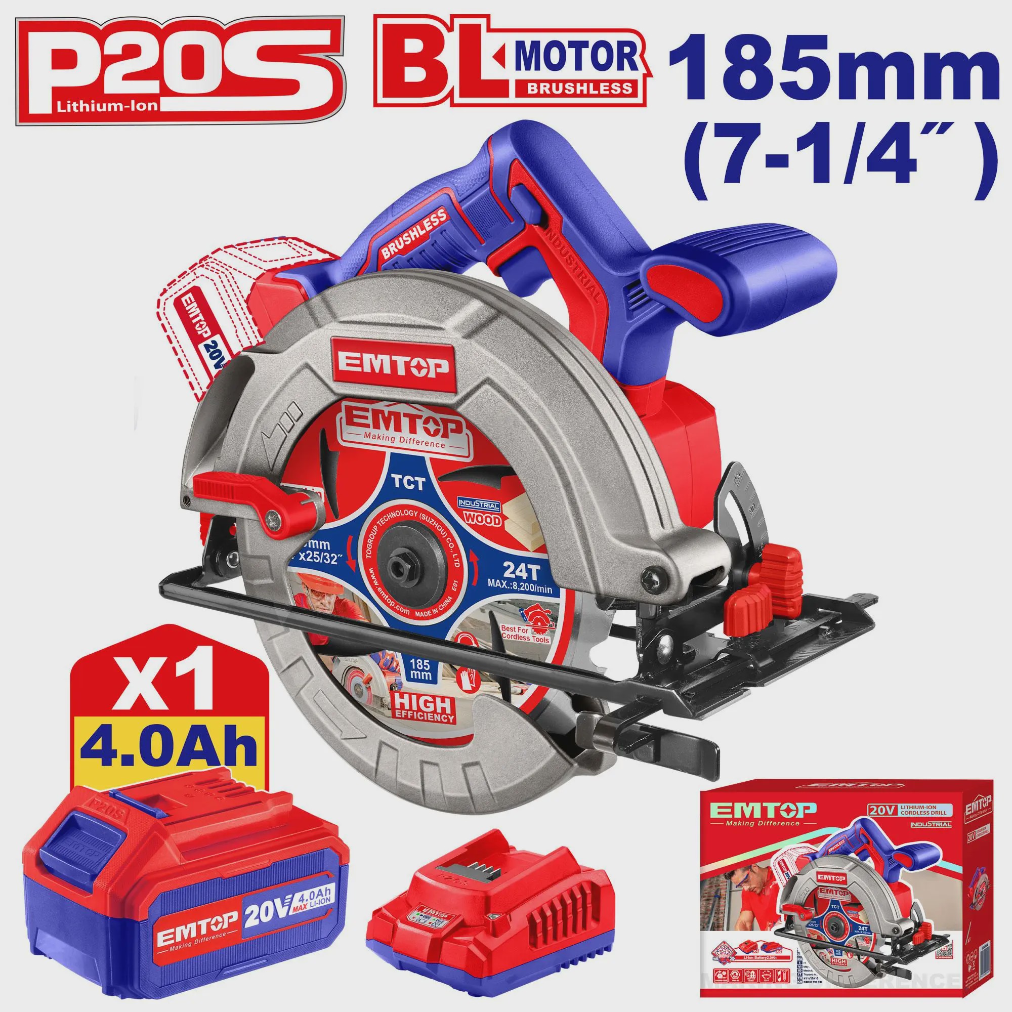 اره گردبر شارژی EMTOP ELCS18511 موتور براشلس ولتاژ 20 ولت آوانور - پس کرایه