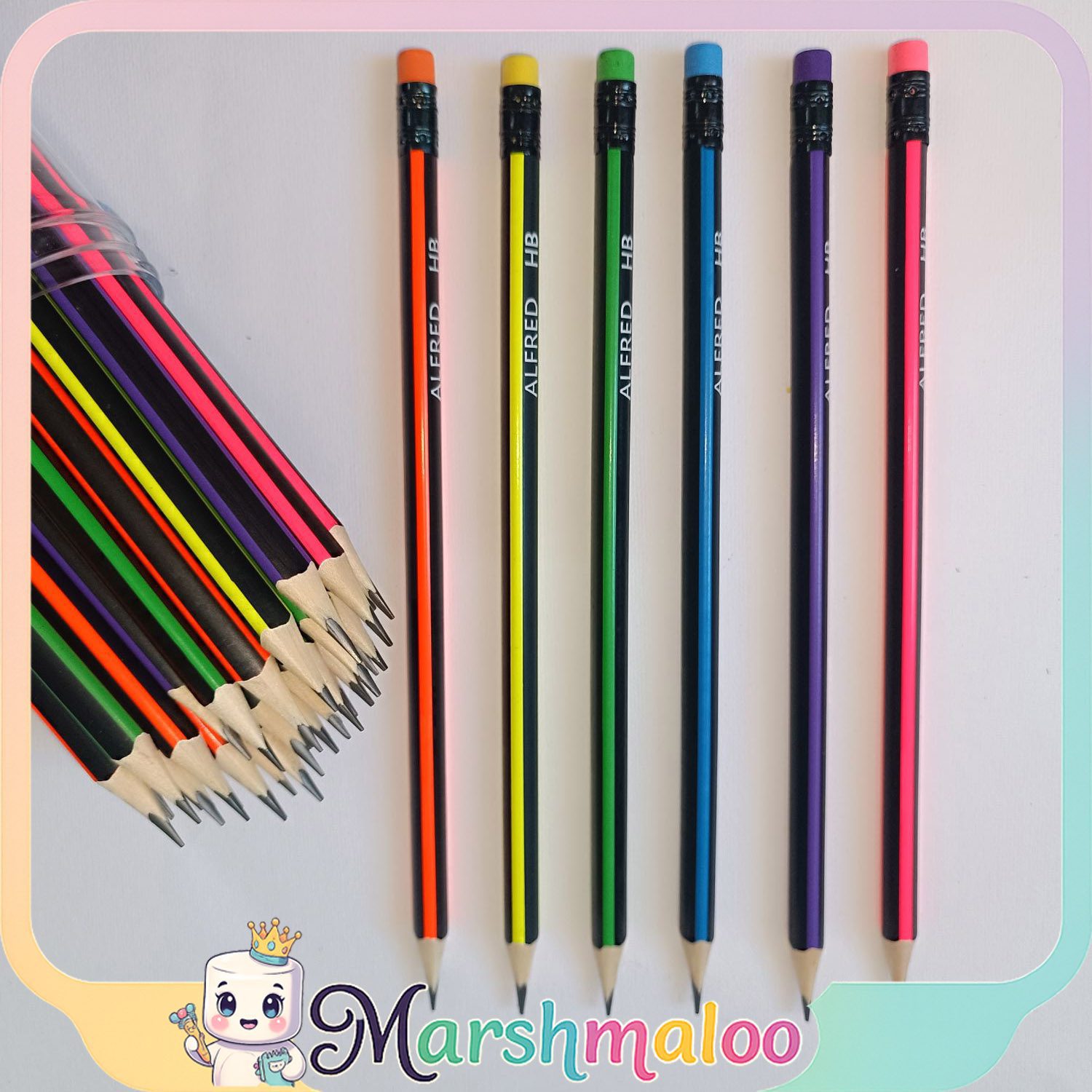 مداد مشکی پاک کن دار آلفرد خطوط نئونی بدنه مشکی✏️باکیفیت مناسب مشق شب