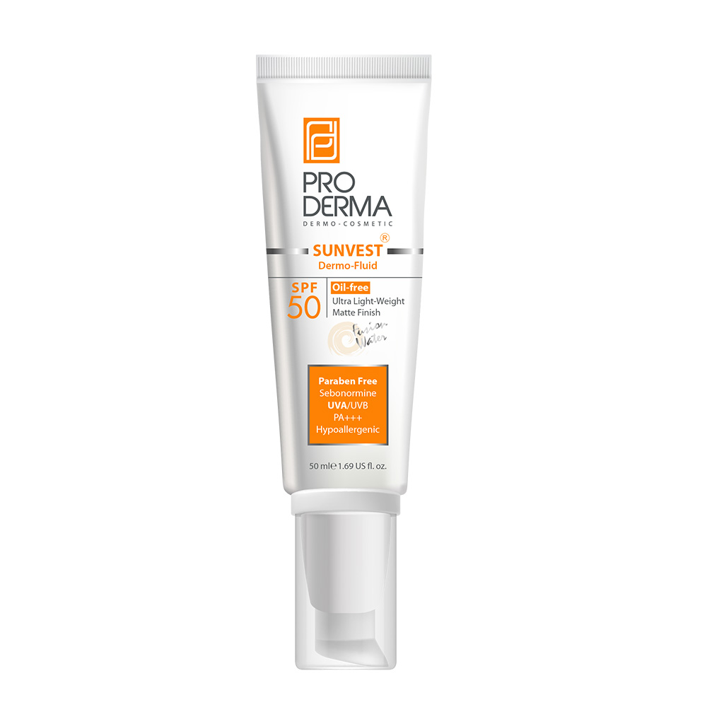کرم ضد آفتاب فلوئید spf50 تیوپی پوست معمولی تا چرب پرودرما