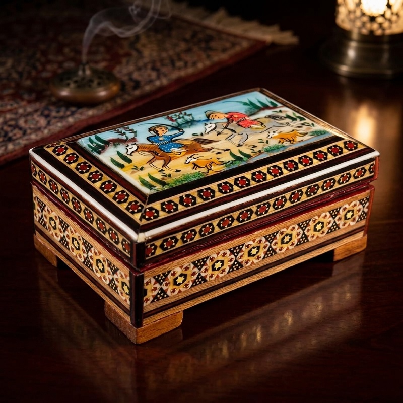 جعبه خاتم کاری تک گل استخونی مدل چوگان 8در11