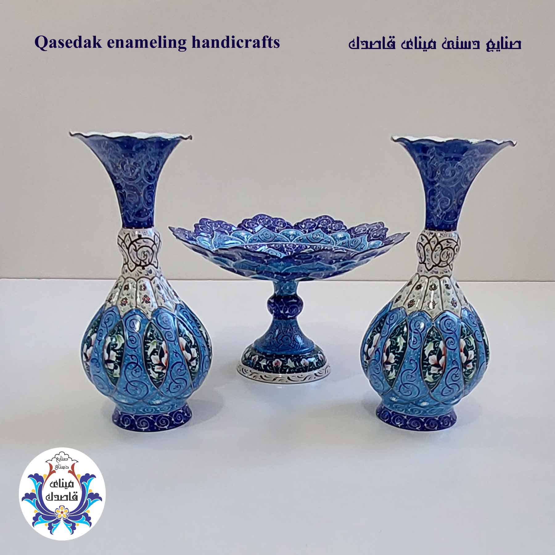 ست گلدان و بشقاب پایه دار میناکاری 20 سانتیمتری کد 1