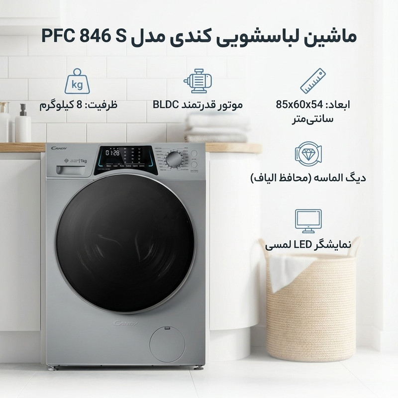 ماشین لباسشویی اتوماتیک کندی مدل PFC 846 S ظرفیت 8 کیلوگرم