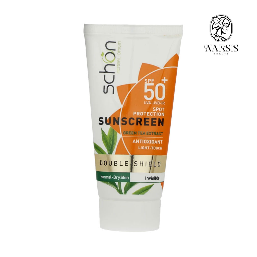  کرم ضد آفتاب دابل شیلد SPF50 شون بی رنگ مناسب پوست خشک تا نرمال 50 میلی لیتر نارسیس بیوتی