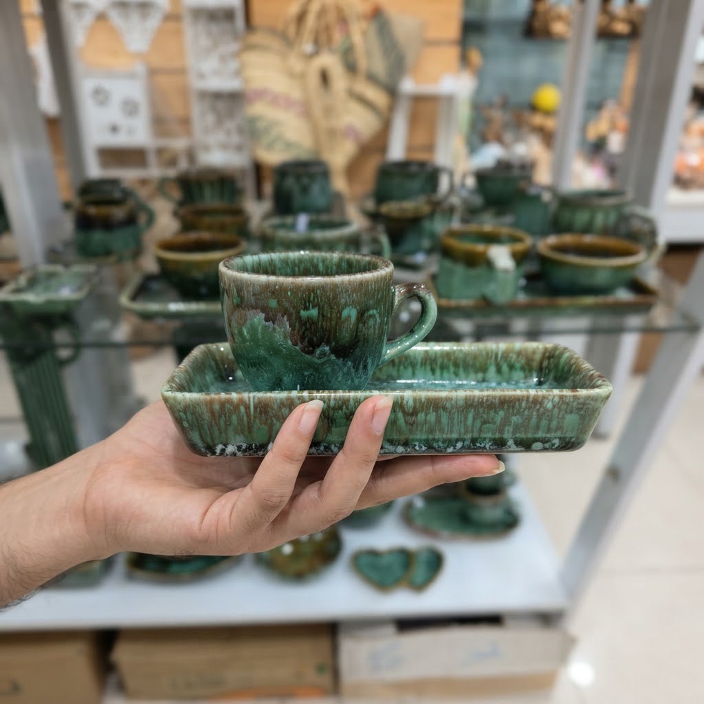 ست فنجان و سینی مستطیل سرامیکی سبز موج دار (پس کرایه تیپاکس)