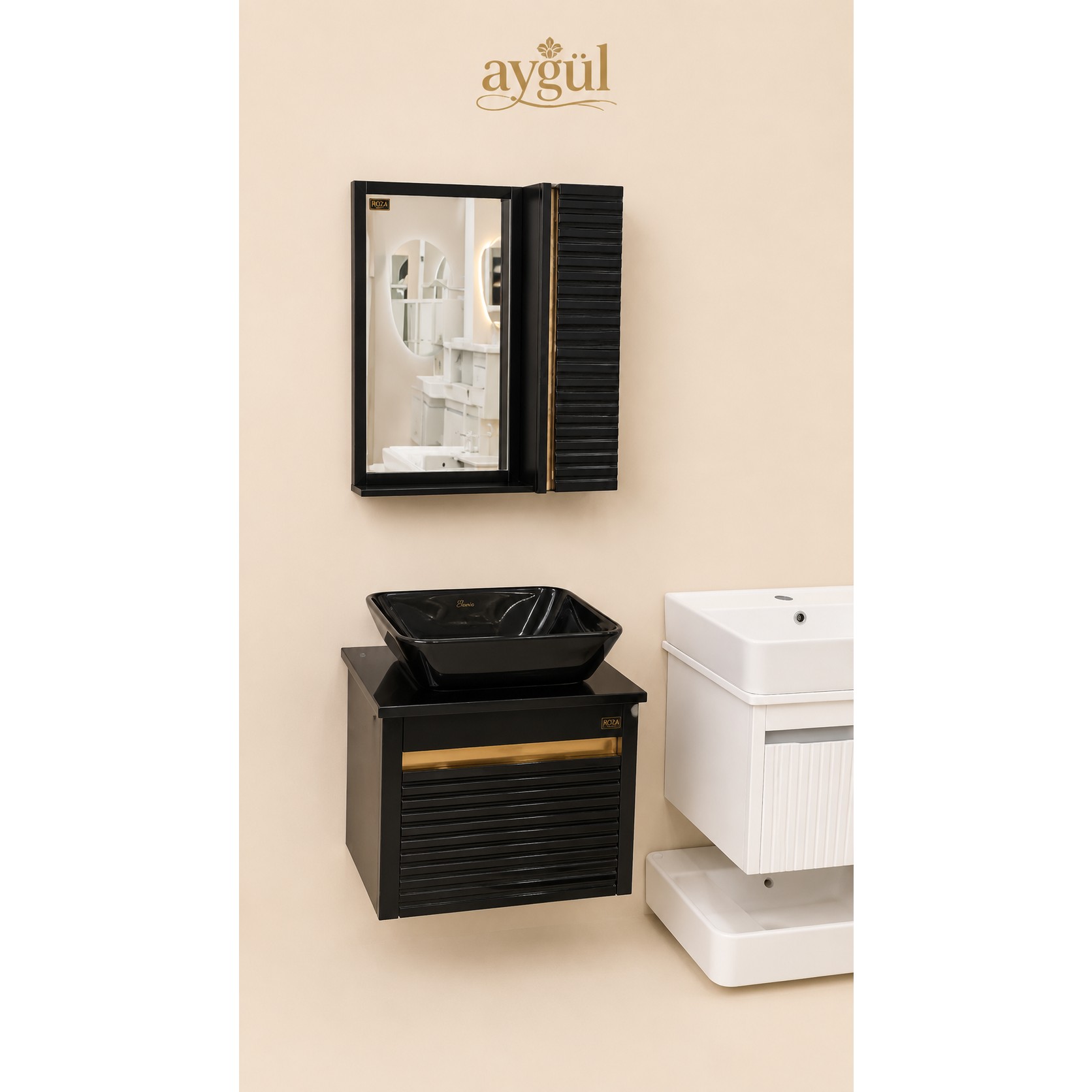 روشویی کابینتی pvc مدل نرگس مشکی طلایی سایز 37*60