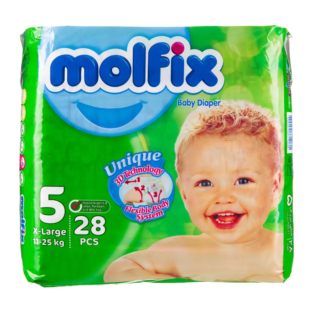 پوشک کودک مولفیکس Molfix سایز 5 مناسب وزن 11 تا 25 کیلو گرم بسته 28 عددی مدل 1
