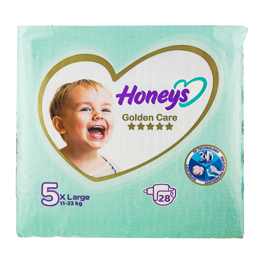 پوشک چسبی هانیز Honeys سایز 5 مناسب کودک وزن 11 تا 23 کیلوگرم بسته 28 عددی مدل 1