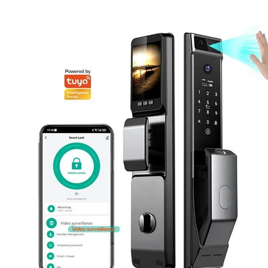 دستگیره هوشمند تویا tuya مدل DH-810 با تشخیص چهره و اثر انگشت ( پک کامل همراه با مغزی و توپی )