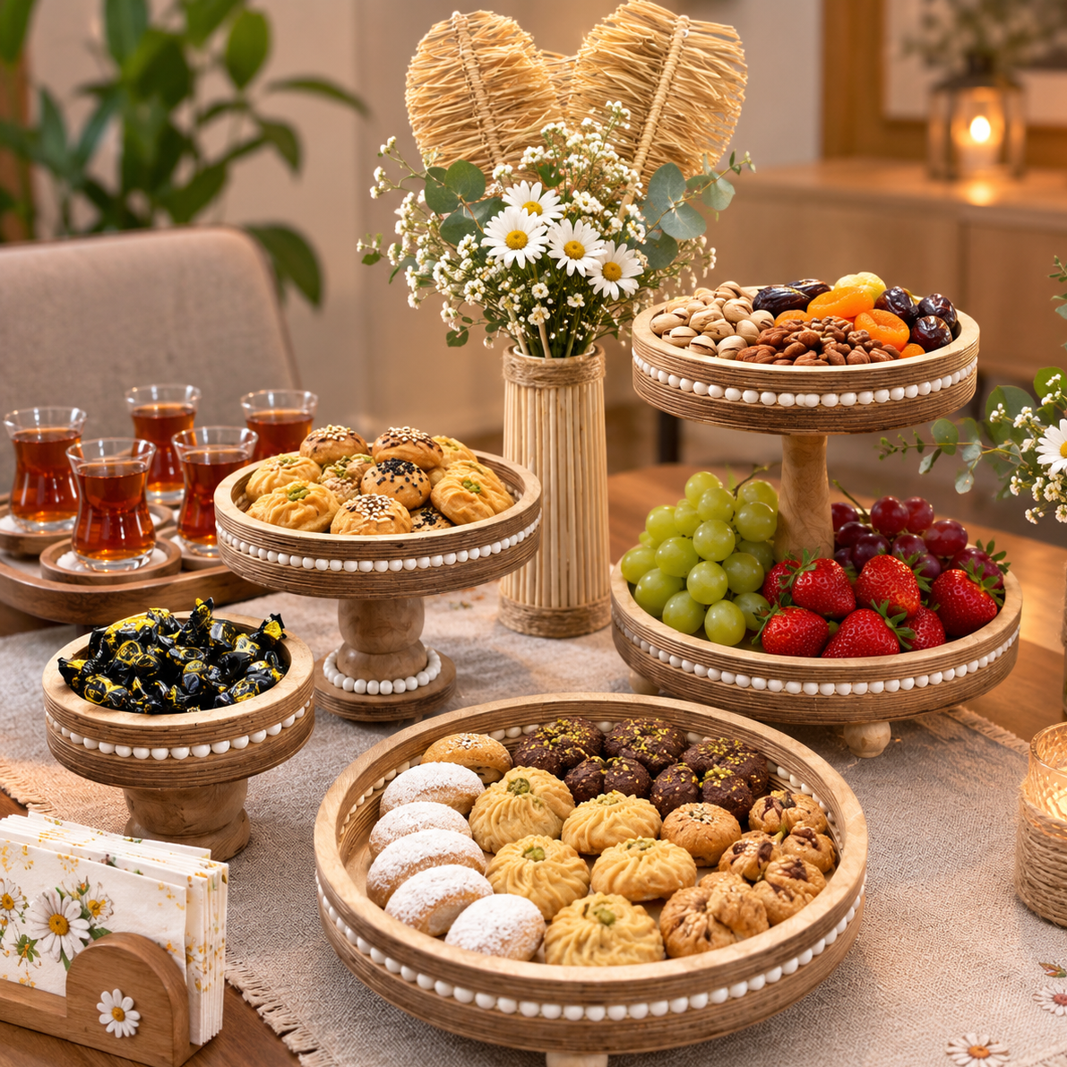 ست پذیرایی و دکور چوبی مهره دار ،استند و سینی چوبی چندطبق
