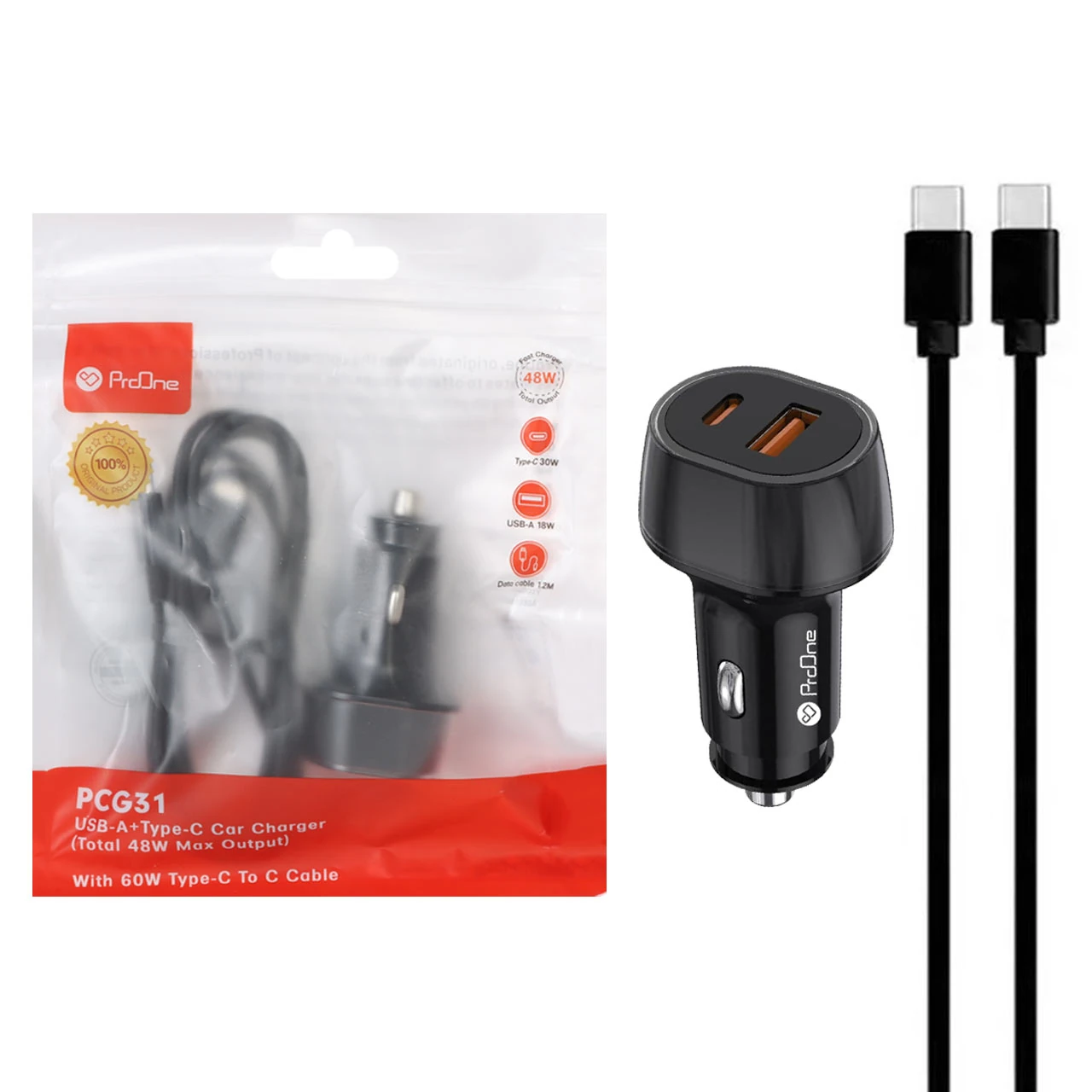 شارژر فندکی فست دو پورت ProOne مدل PCG31 48w به همراه کابل شارژ Type-C To Type-C - مشکی