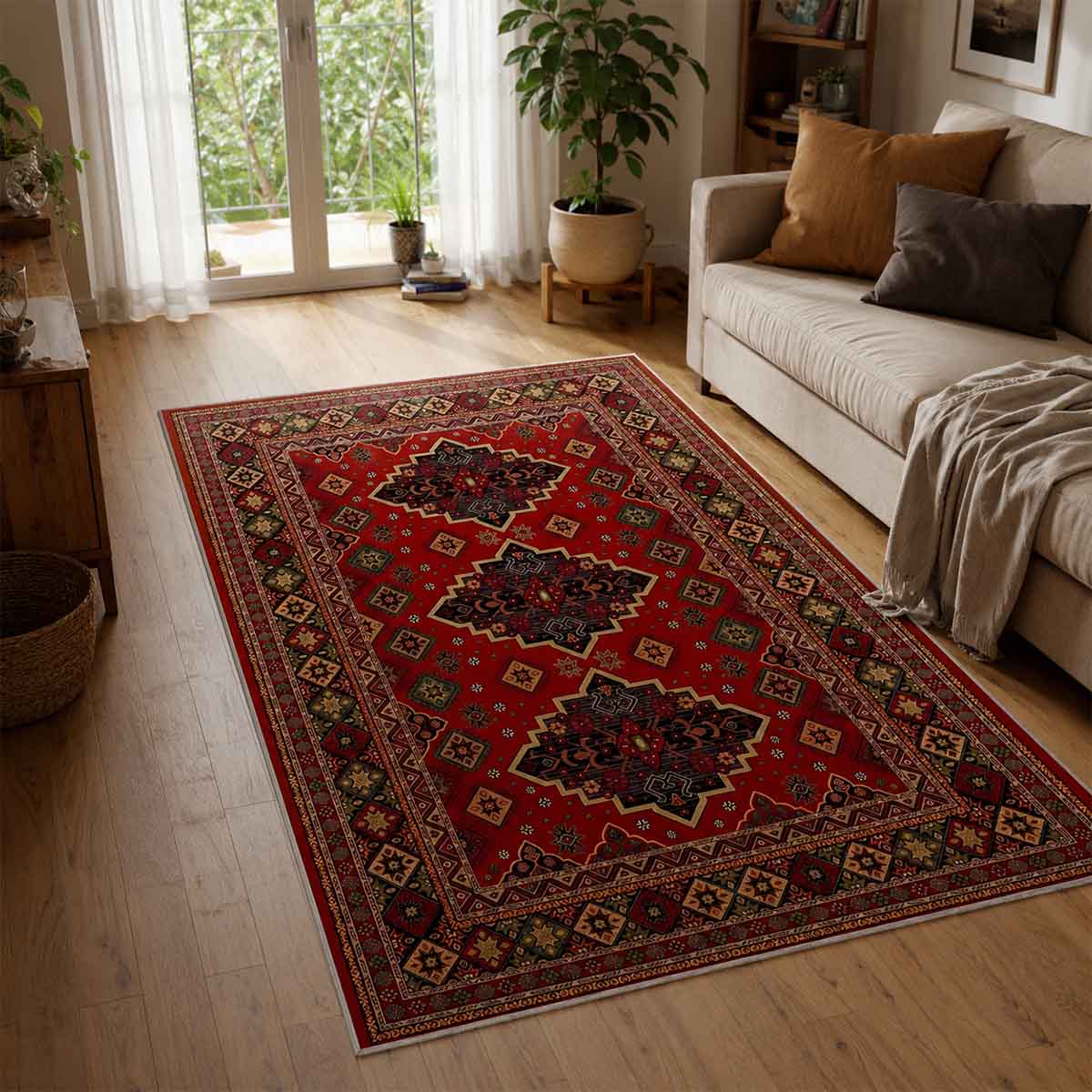 فرشینه سنتی طرح قفقازی زمینه لاکی (دارای استپر)