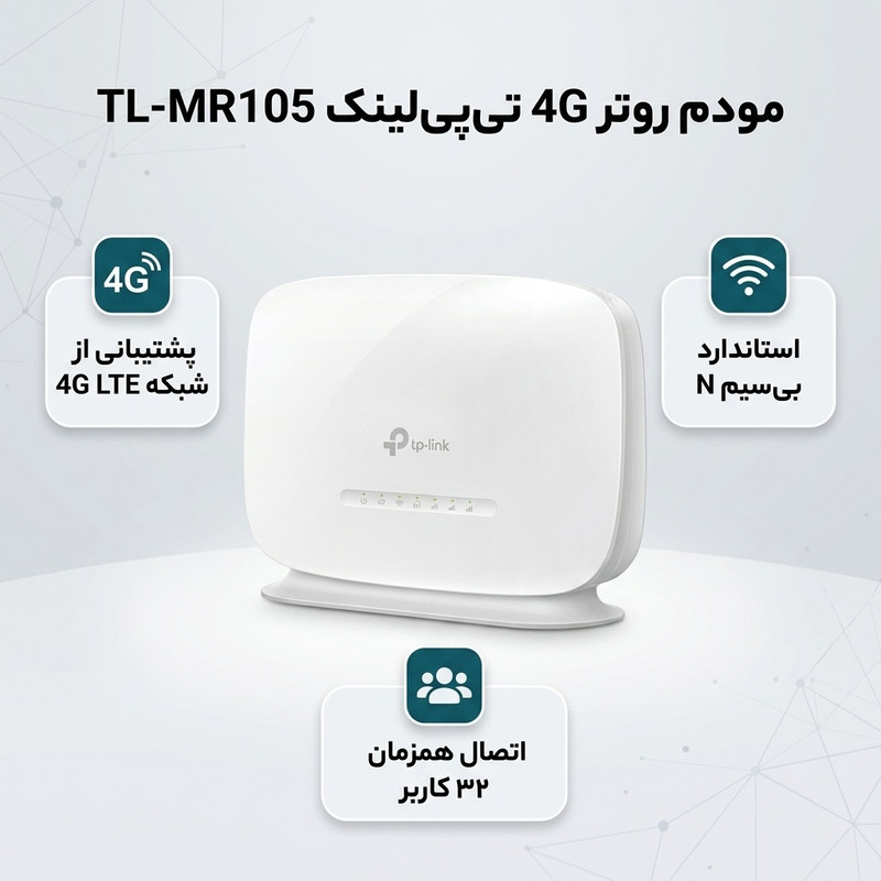 مودم روتر 4G تیپیلینک مدل TL-MR105 با پشتیبانی از شبکههای LTE4G3G2G، استاندارد IEEE 802.11bgn، فرکانس 2.4 گیگاهرتز، ف...