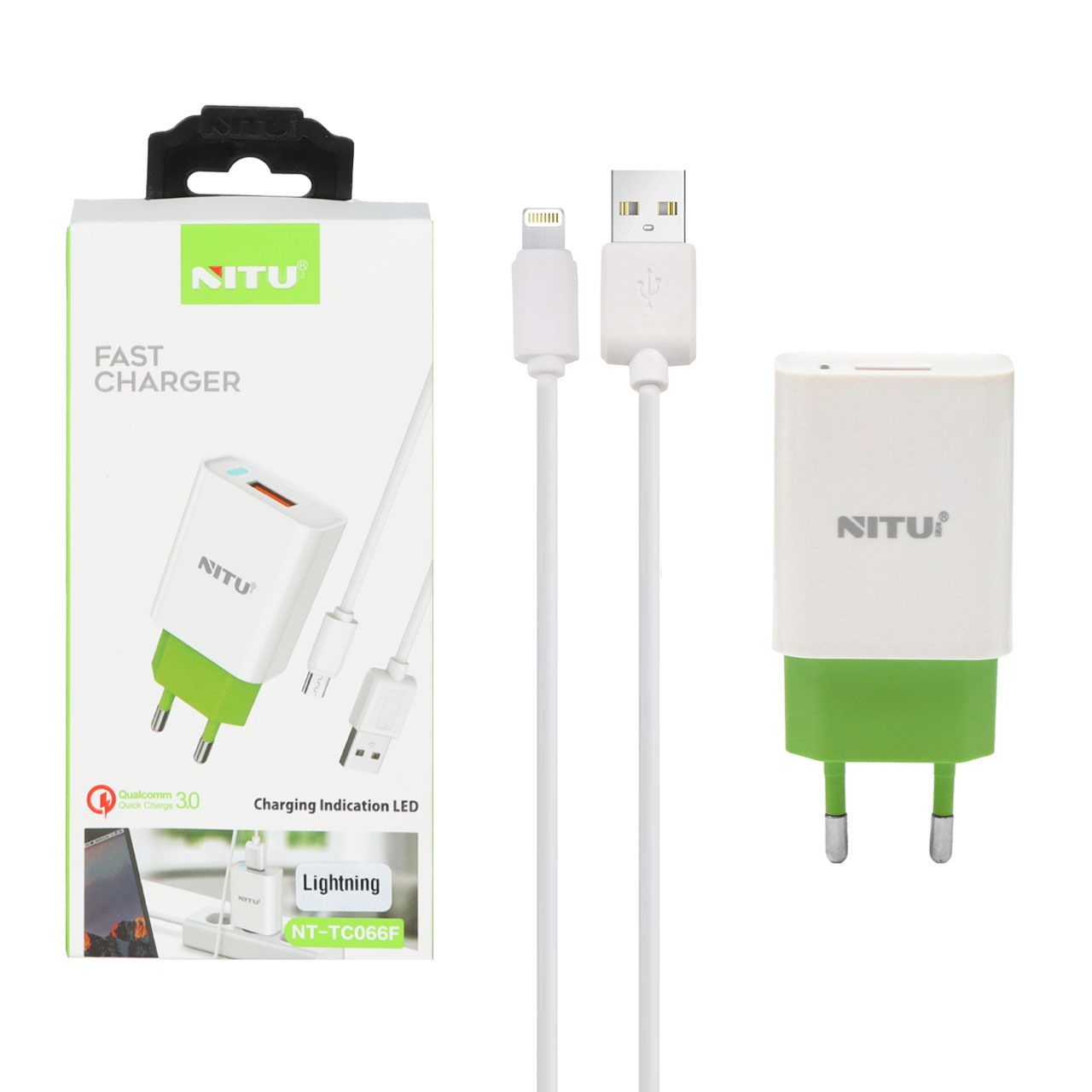 شارژر دیواری فست تک پورت NITU مدل NT-TC066F به همراه کابل شارژ آیفون - سفید سبز (گارانتی 18 ماه تعویض نیکان همراه)