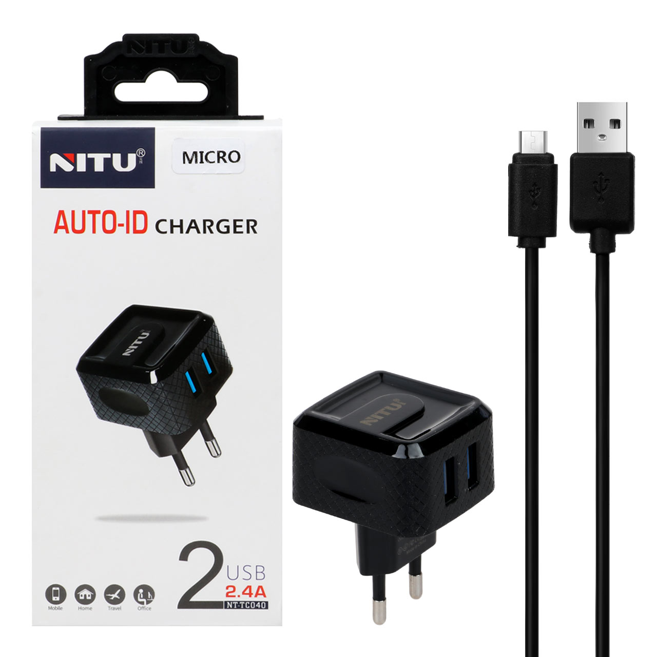 شارژر دیواری فست دو پورت NITU مدل TC040 به همراه کابل شارژ اندروید - مشکی (گارانتی 12 ماه تعویض نیکان همراه)