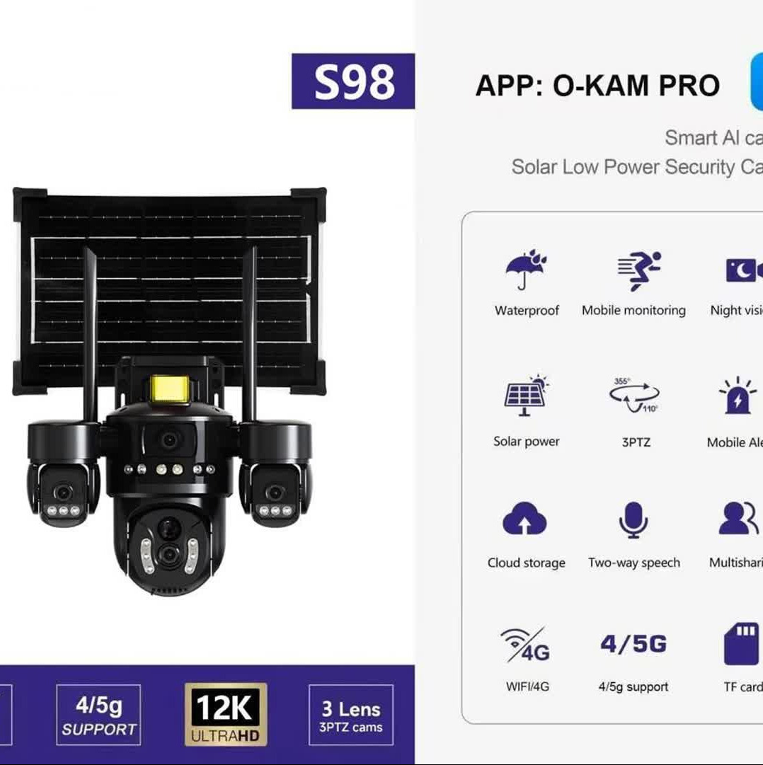  دوربین خورشیدی سیمکارتی مدل s98چرخشی اپلیکیشن اوکم 3لنز موتورایز