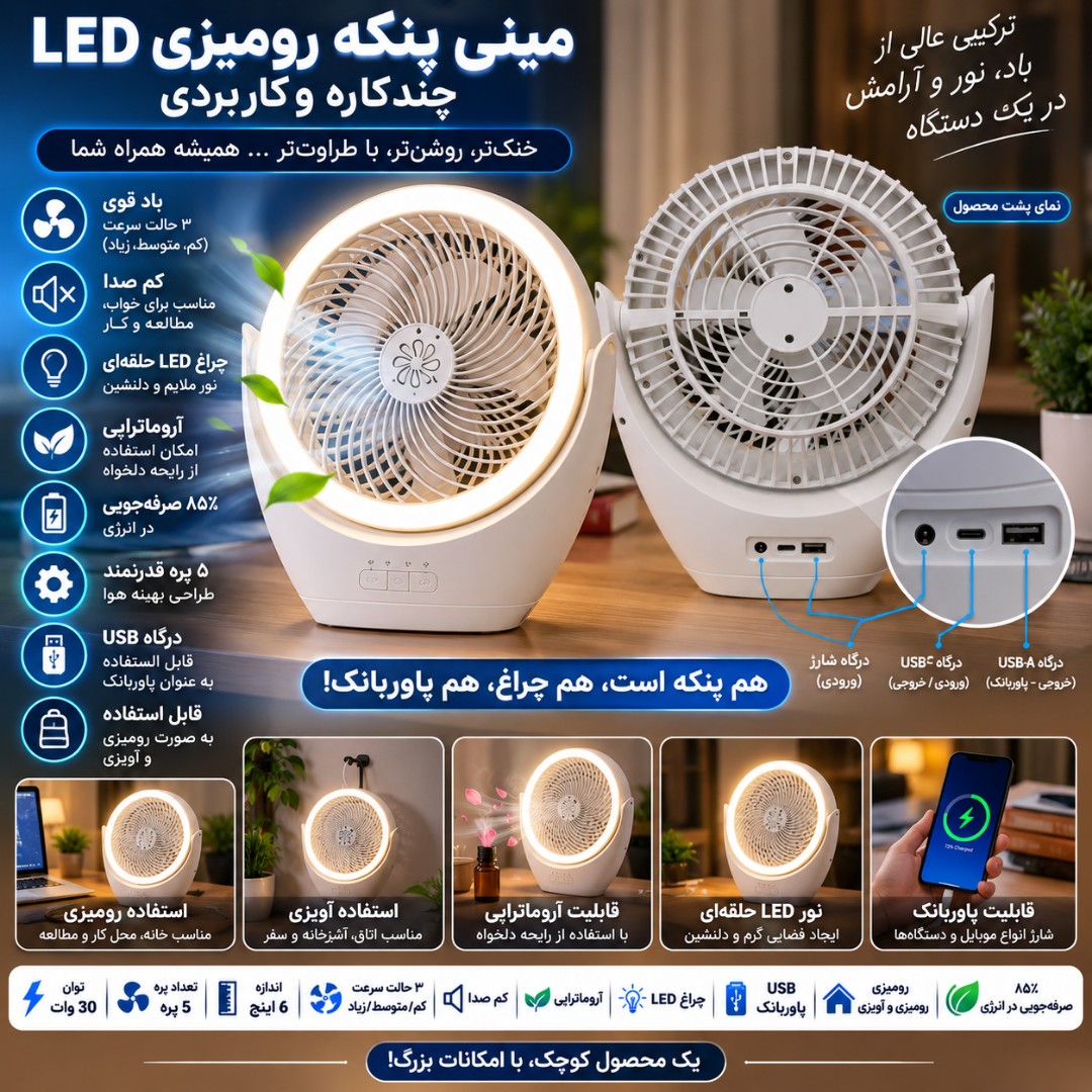  پنکه رومیزی به همراه چراغ LED و پاوربانک 