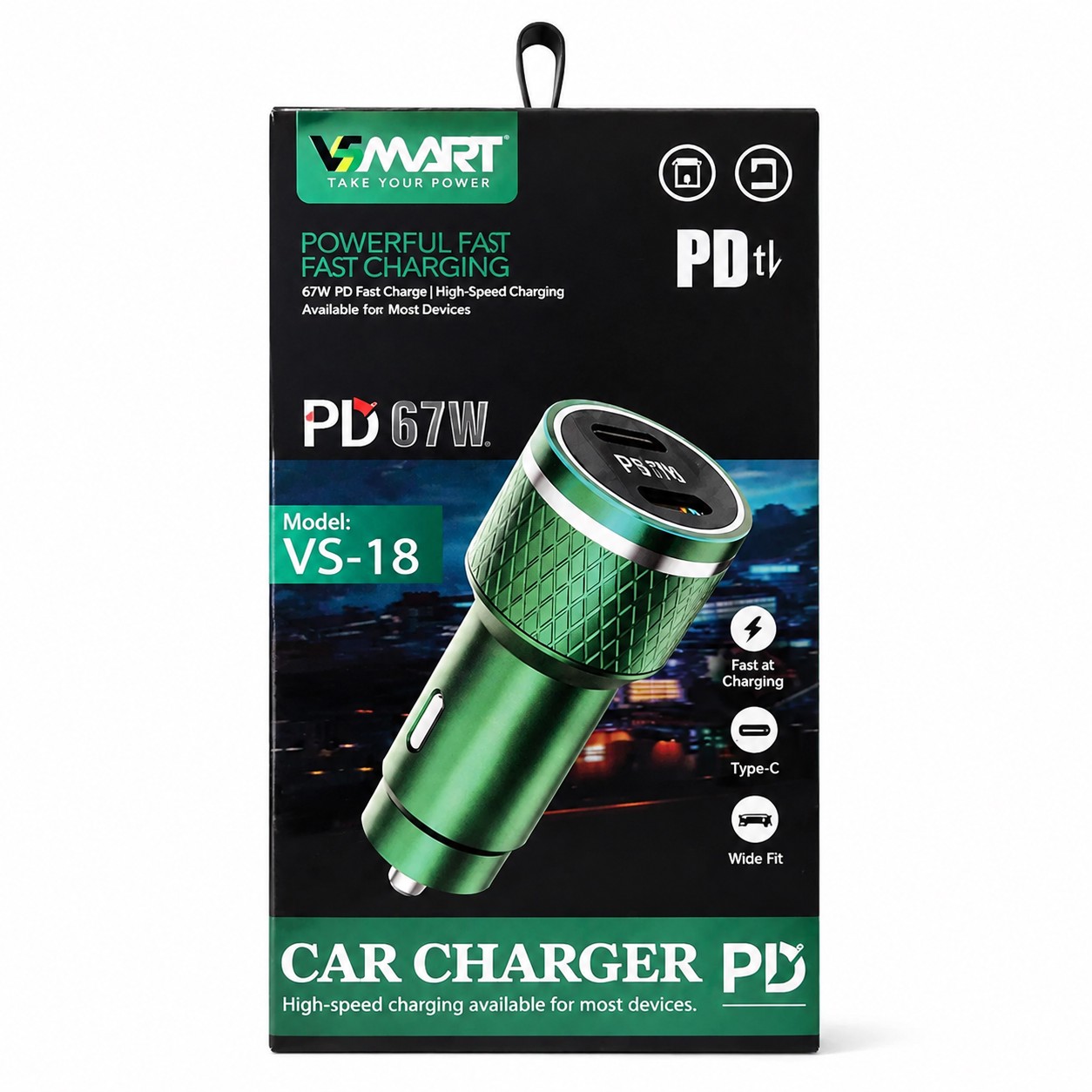 شارژر فندکی سوپر فست شارژ 67 وات VSMART مدل VS-18 دو پورت تایپ سی (Type-C) با بدنه فلزی