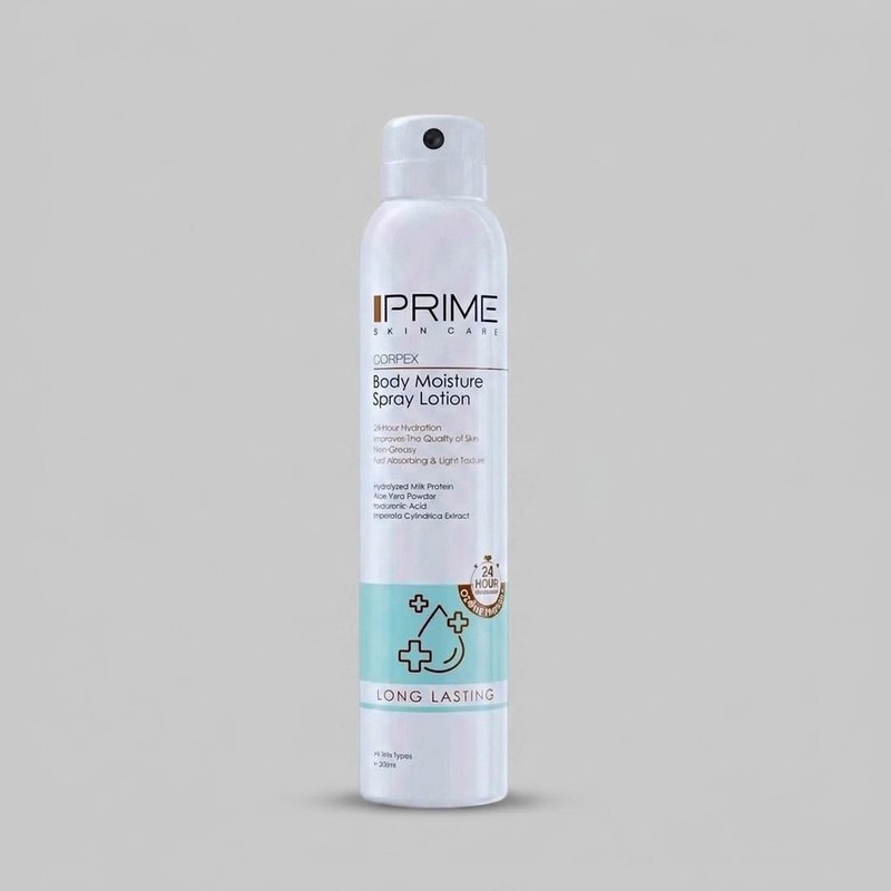 اسپری لوسیون آبرسان بدن پرایم مدل Long Lasting حجم 200 میلی لیتر با ماندگاری 24 ساعته، بافت غیرچرب، حاوی آلوئه ورا، ع...