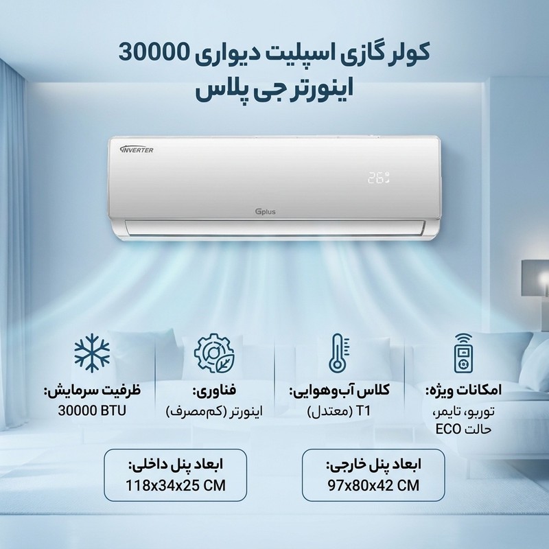 کولر گازی اسپلیت دیواری 30000 اینورتر جی پلاس مدل GAC-TV30ELN1A