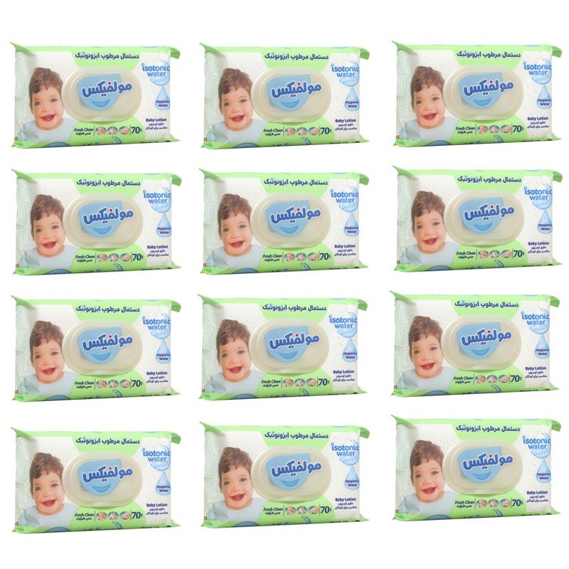 دستمال مرطوب کودک مولفیکس مدل ایزوتونیک بسته 70 عددی مجموعه 12 عددی