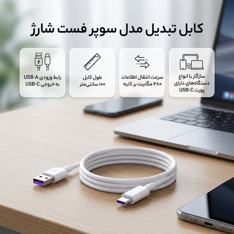 کابل تبدیل USB به USB-C مدل سوپر فست شارژ طول 1 متر