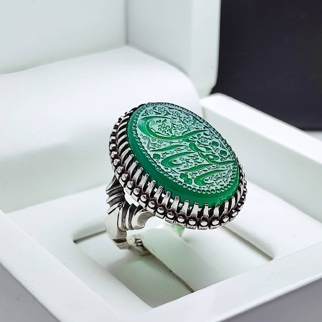 انگشتر خطی مردانه عقیق سبز با حکاکی یا اباالفضل کد 14254552