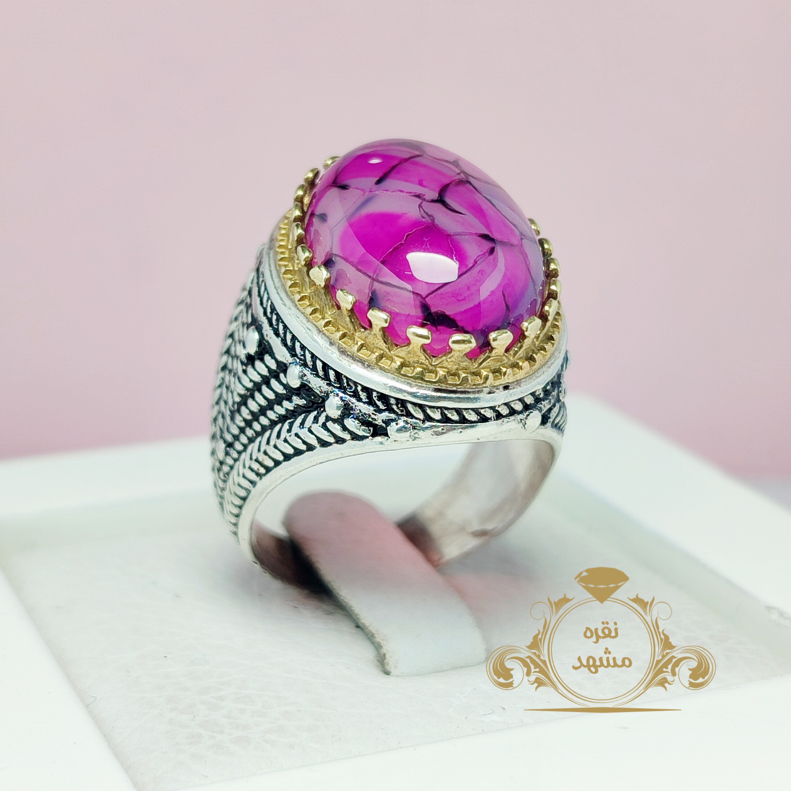 انگشتر مردانه عقیق دراگون صورتی خوشرنگ کد 15204749