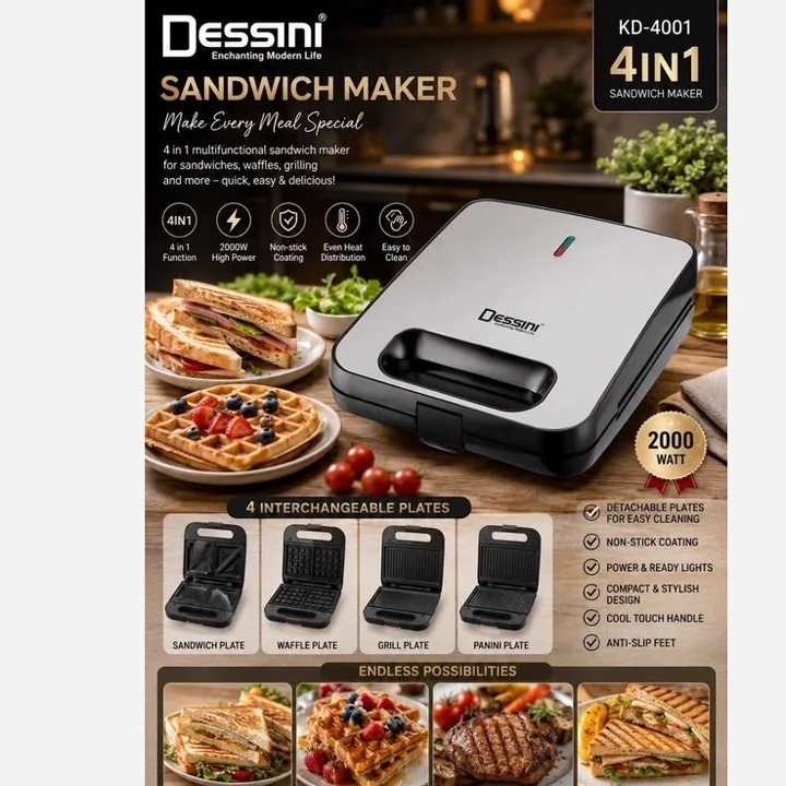 ساندویچ ساز 4 کاره دسینی مدل KD-4001 توان 2000 وات با 4 صفحه قابل تعویض نچسب