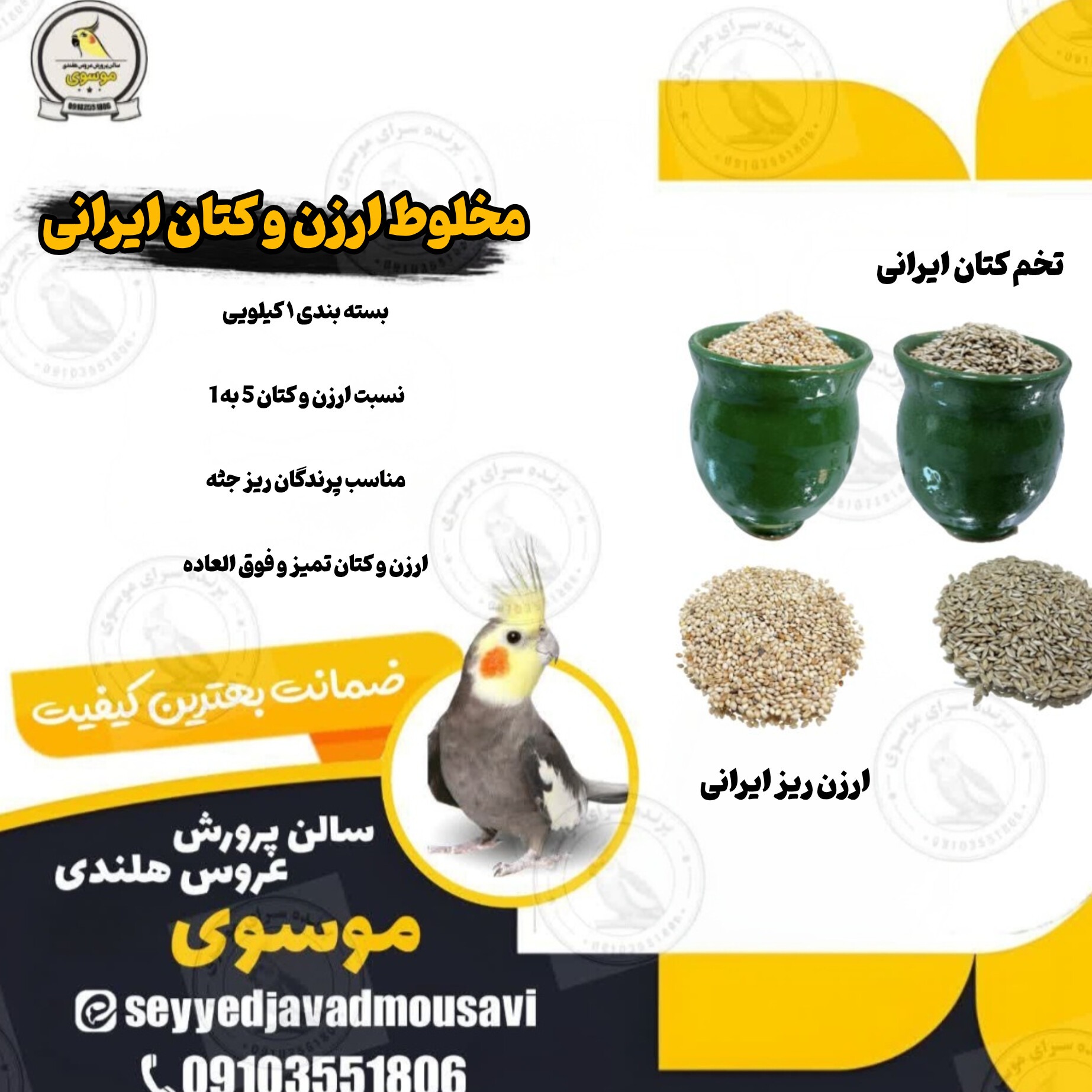 غذای فنچ و قناری و سهره و پرندگان ریز جثه- مخلوط ارزن و کتان-ارزن ریز ایرانی و کتان ایرانی- یک کیلویی