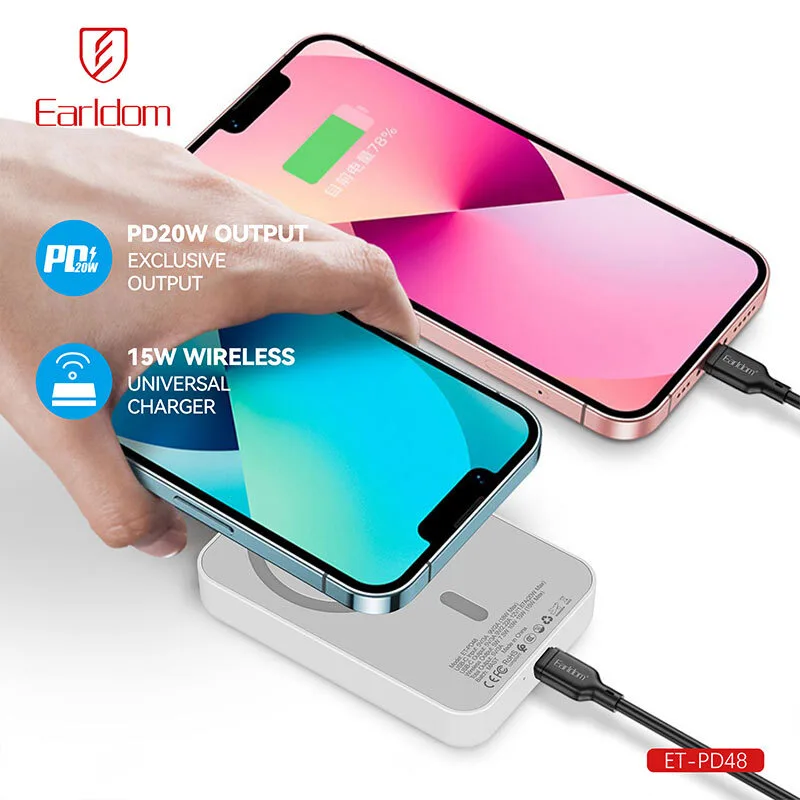 پاور بانک بی سیم فست شارژ ارلدام ET-PD48 PD 20W ظرفیت 10000 میلی آمپر ساعت