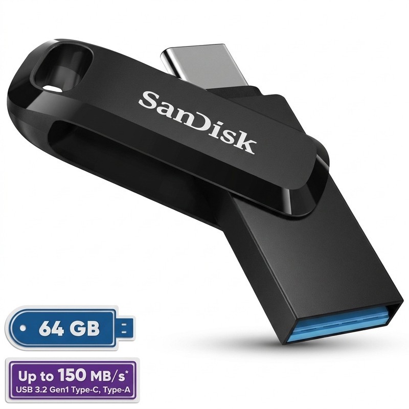 فلش مموری سن دیسک 64 گیگابایت مدل Ultra Dual Drive Go با دو رابط USB Type-C و USB Type-A، استاندارد USB 3.2 Gen1، طرا...