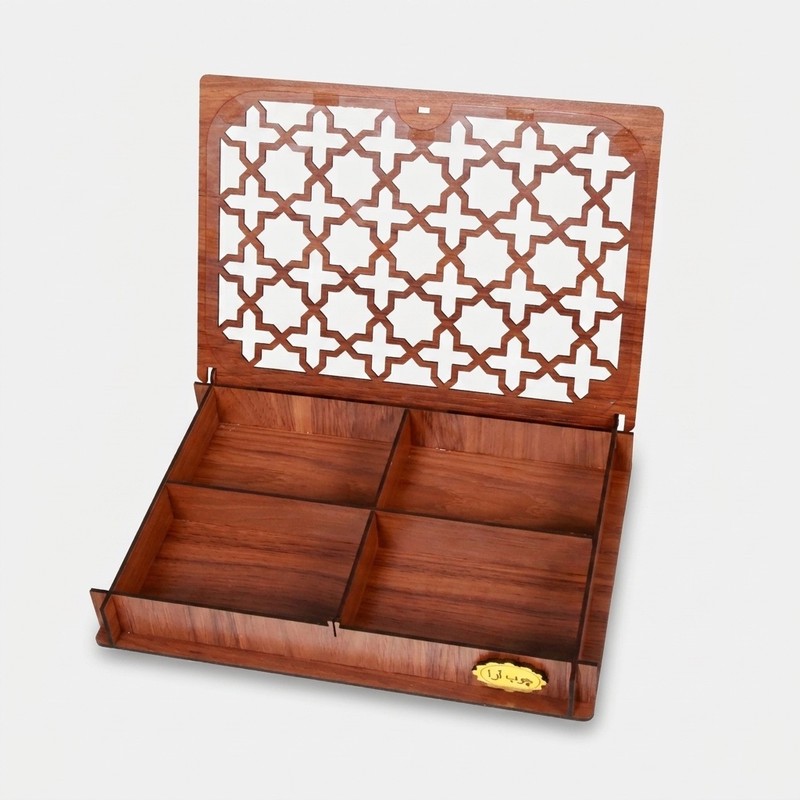 جعبه پذیرایی چوبی 4 خانه ای از MDF با ضخامت 3 میلی متری، در طلق شیشه ای طرح شمسه، ابعاد داخلی 25 18 3 سانتی متر، ابعا...جدید