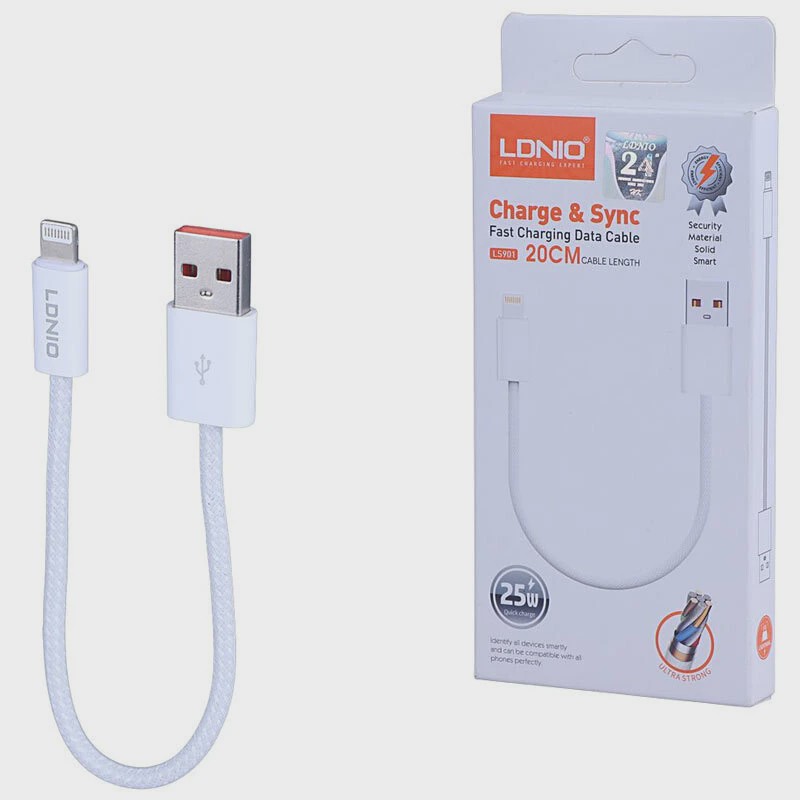 کابل کوتاه لایتنینگ فست شارژ 25 وات الدینیو LS901 طول 20 سانتی متر