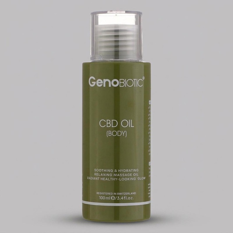 روغن بدن ژنوبایوتیک مدل CBD حجم 100 میلی لیتر، حاوی روغن جو، اسطوخودوس و کانابیس