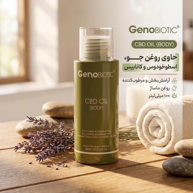روغن بدن ژنوبایوتیک مدل CBD حجم 100 میلی لیتر، حاوی روغن جو، اسطوخودوس و کانابیس