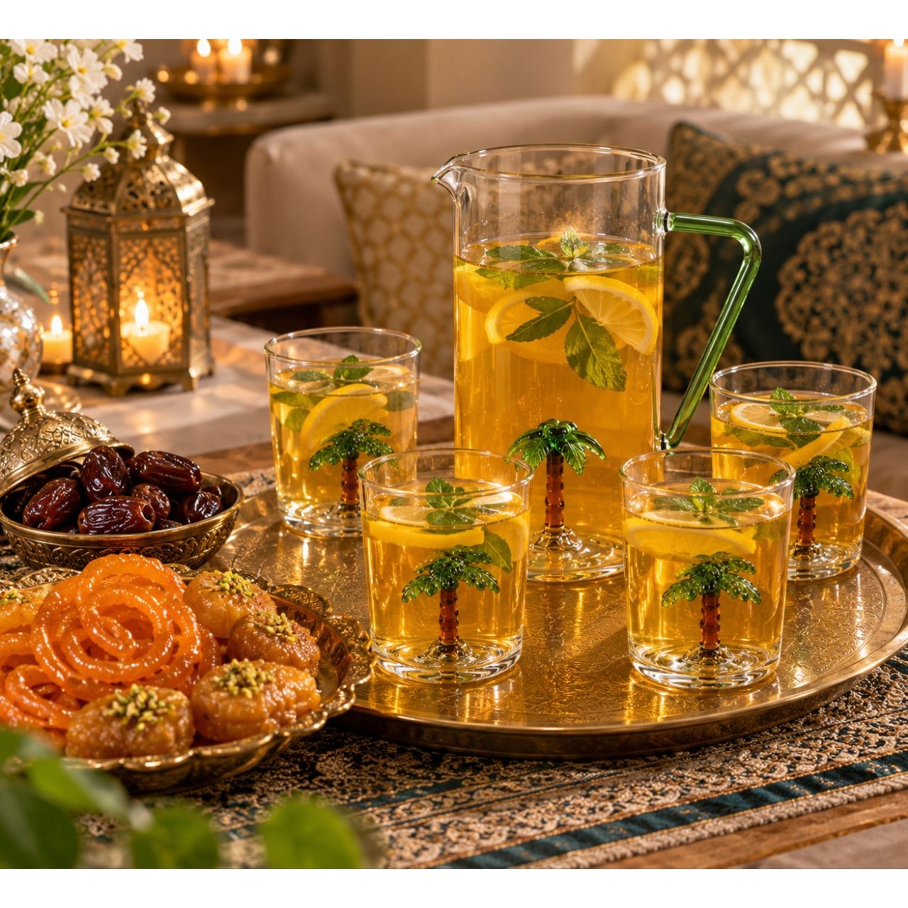پارچ و لیوان شیشه ای طرح نخل مدل استوایی